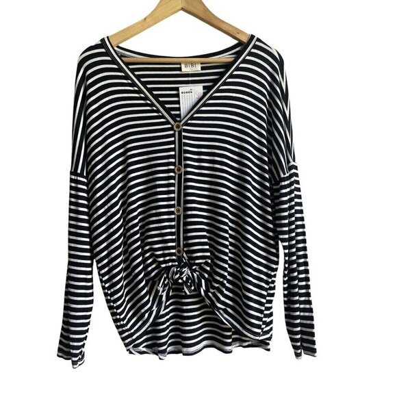 New! Bibi Size Medium Black White Striped V-Neck Top Tie Knot Waist - Picture 3 of 12
